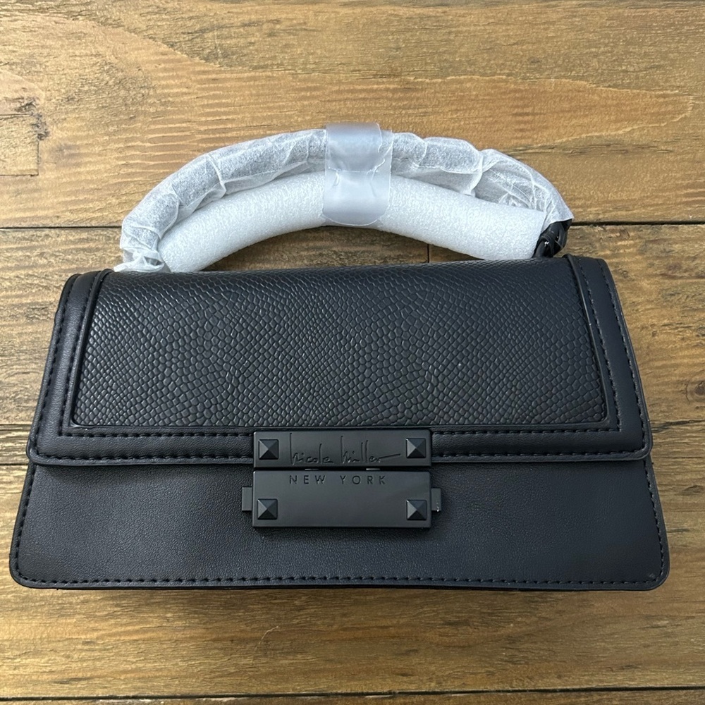 NICOLE MILLER Black Top Handle Crossbody Bag Matte Black Hardware Chain Strap - Picture 2 of 11